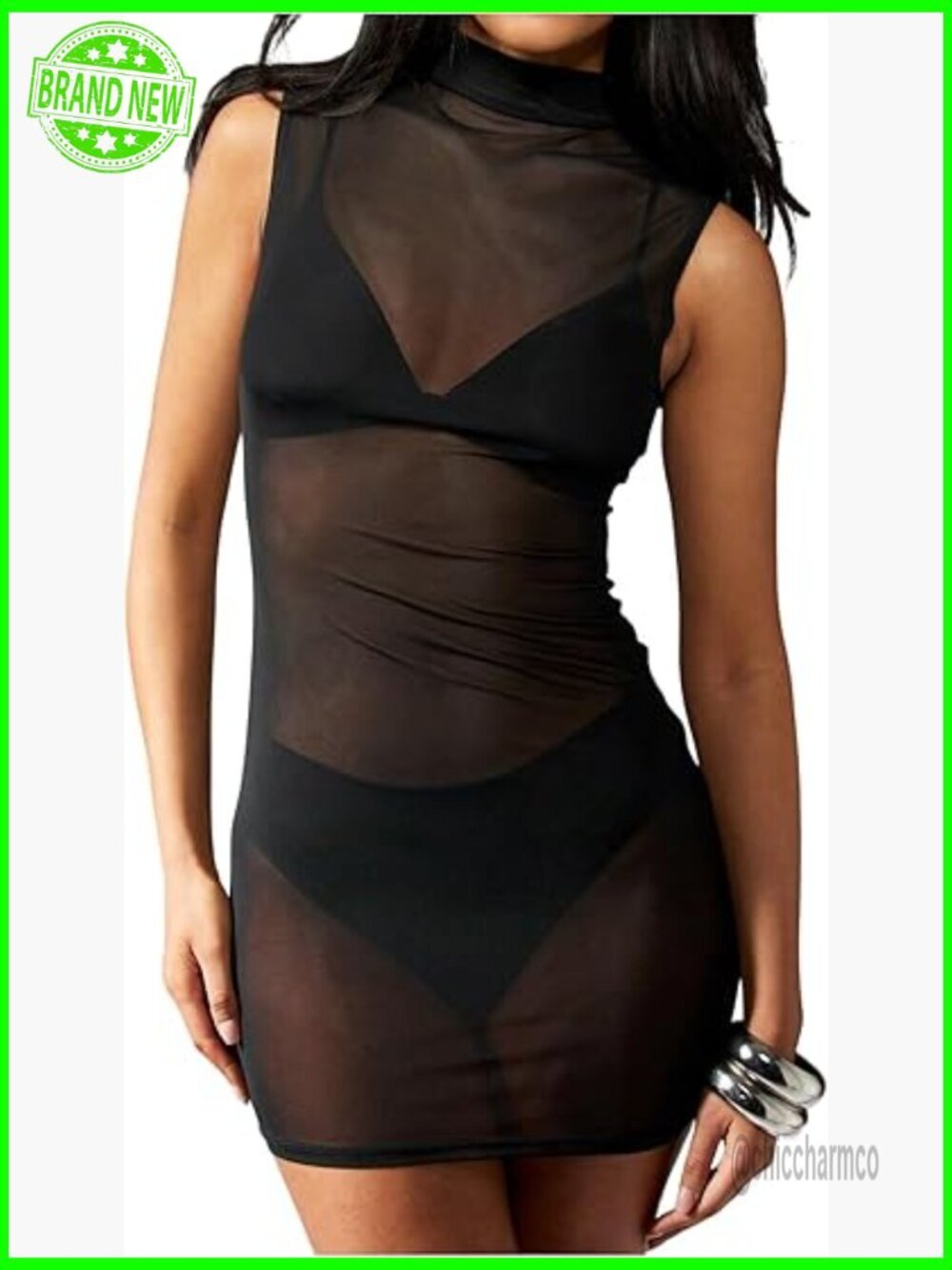 Sheer Mesh Bodycon Mini Dress High Neck Sleeveless Club Night Out